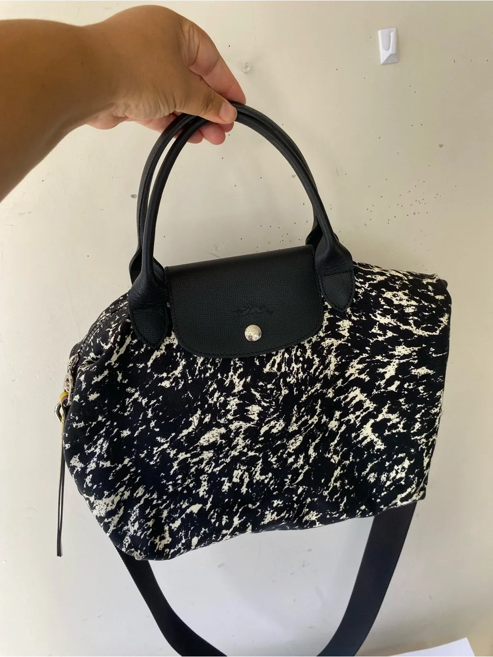 Longchamp Le Pliage Appaloosa Black White Coated Canvas Crossbody Bag Small